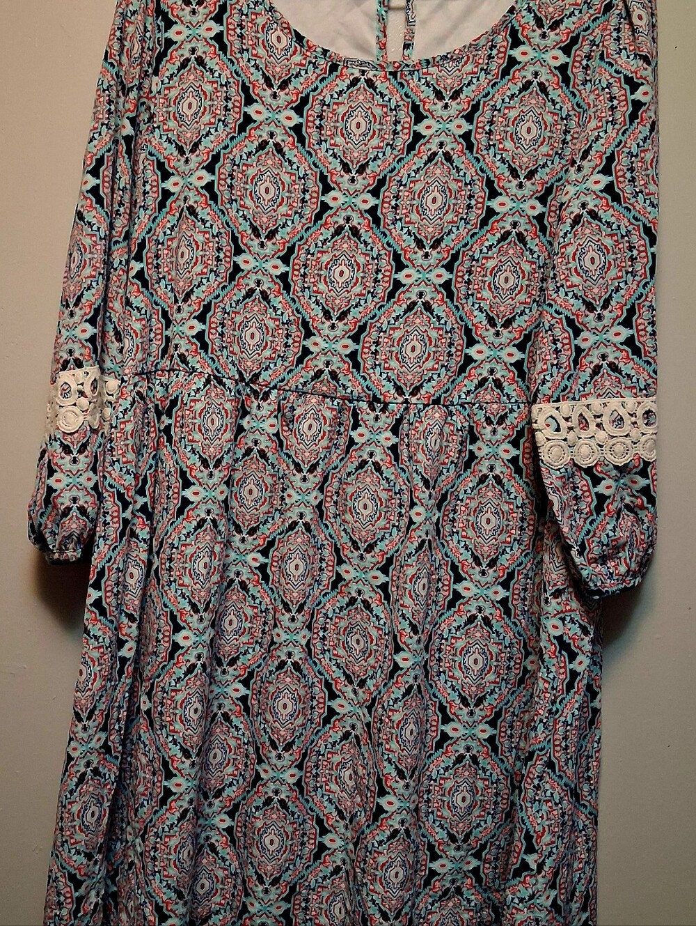 Peach Love California Aqua and Black Boho Long-Sleeve Empire Dress